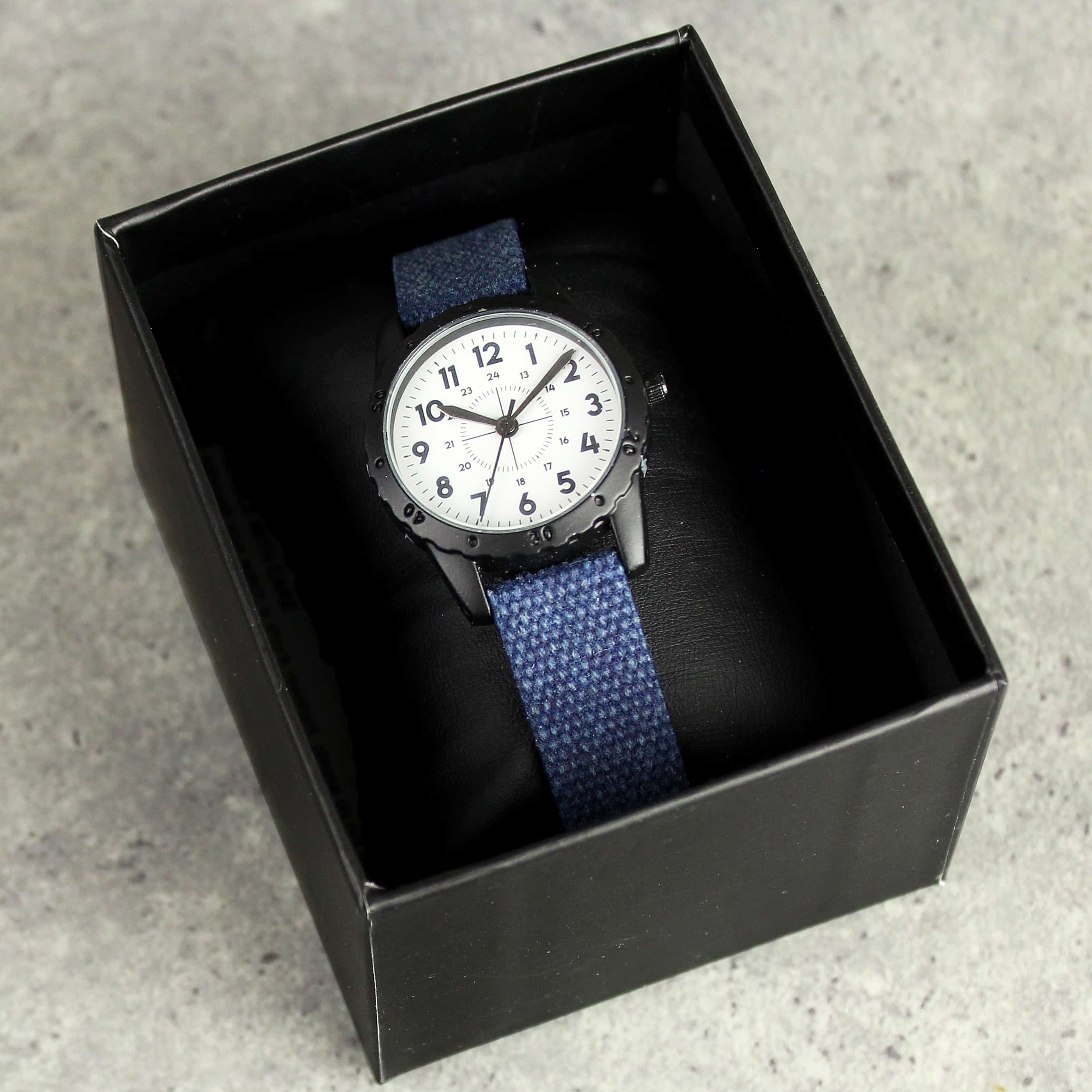 Personalised Black with Blue Canvas Strap Watch