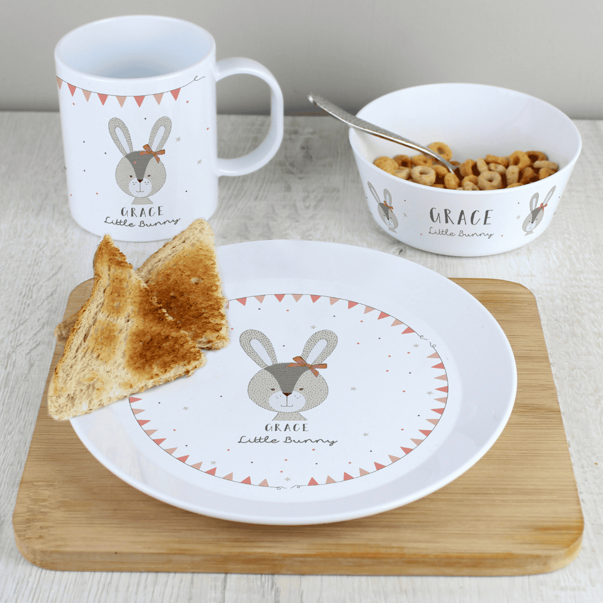 personalised bunny breakfast set with plate, bowl and mug
