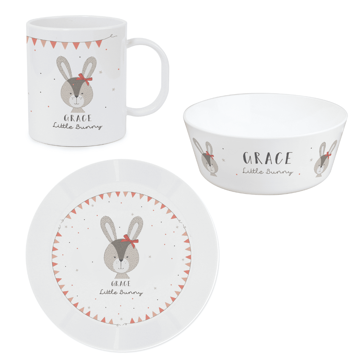 personalised bunny breakfast set with plate, bowl and mug