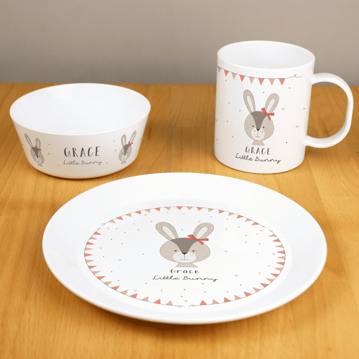 personalised bunny breakfast set with plate, bowl and mug