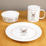 personalised bunny breakfast set with plate, bowl and mug
