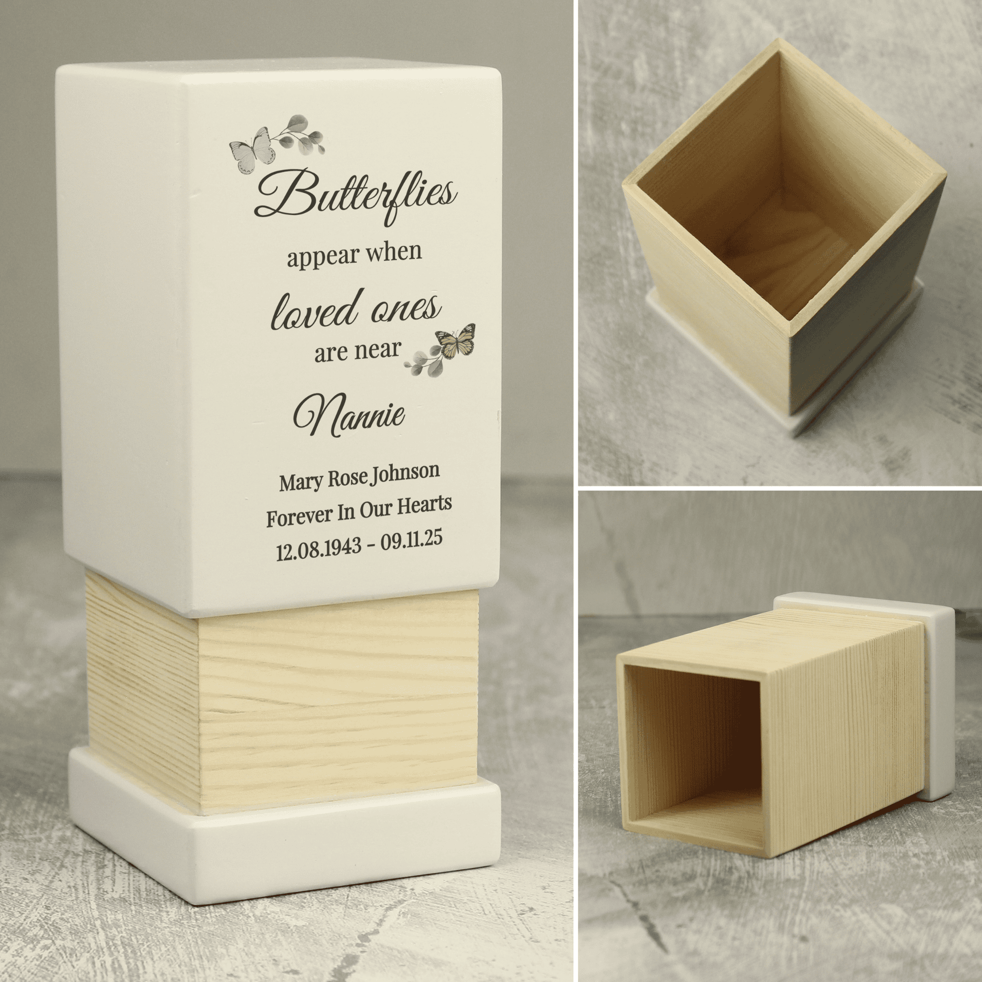 personalised butterflies appear memorial wooden urn with a name in larger font and any message over 3 lines underneath