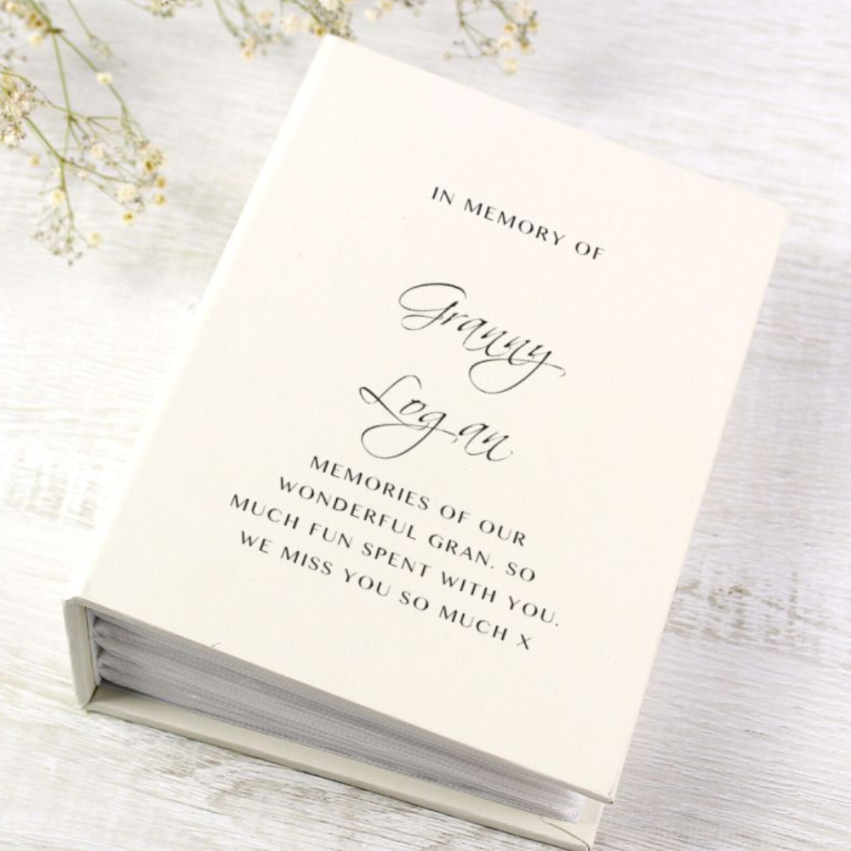 personalised memorial photo album showing the front of the cover