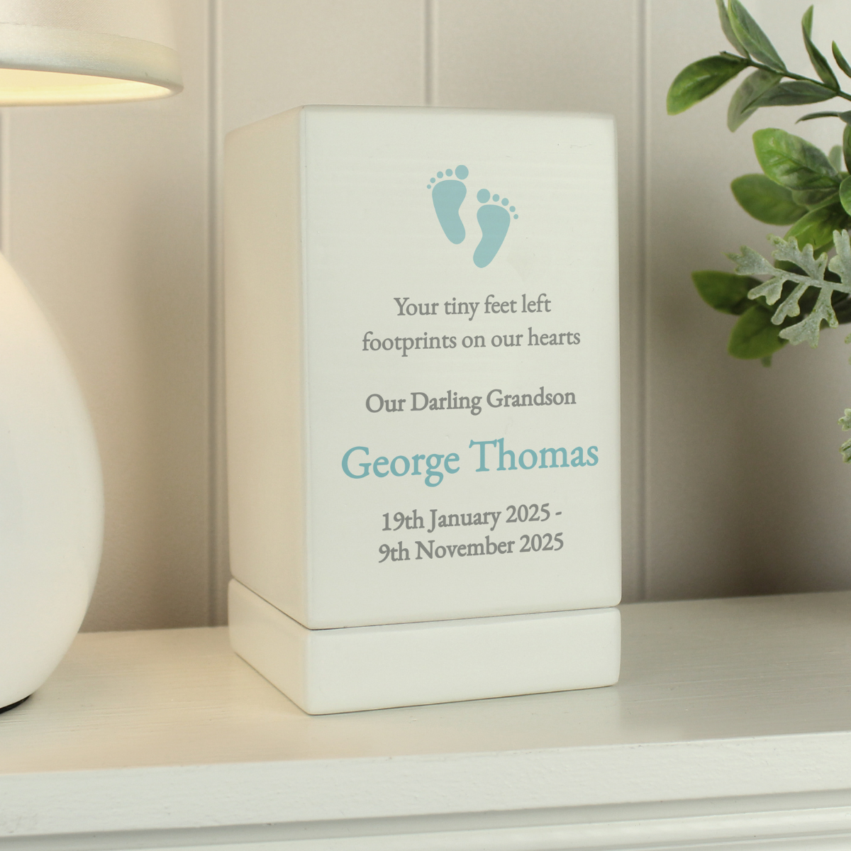 personalised white wooden baby boy urn personalised on the front