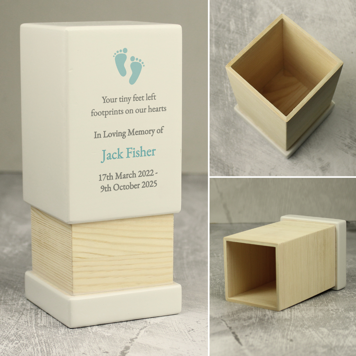personalised white wooden baby boy urn personalised on the front