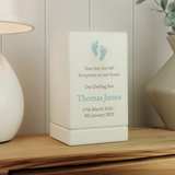 personalised white wooden baby boy urn personalised on the front