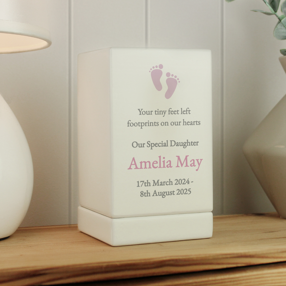 personalised baby girl white wooden urn personalised on the front