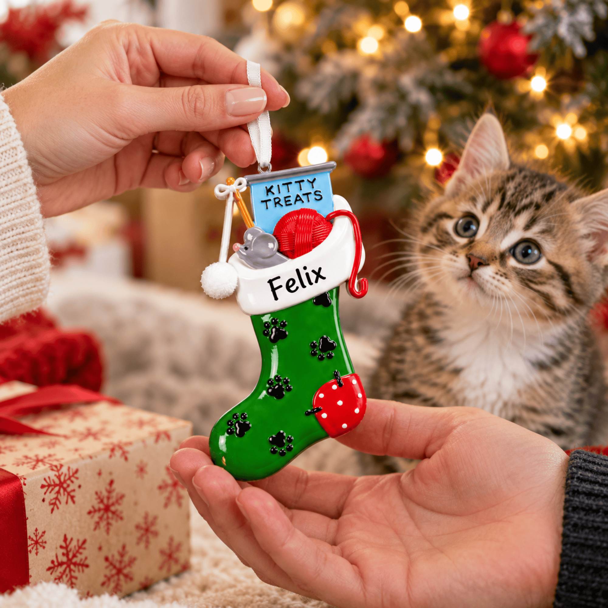 personalised cat stocking christmas tree decoration