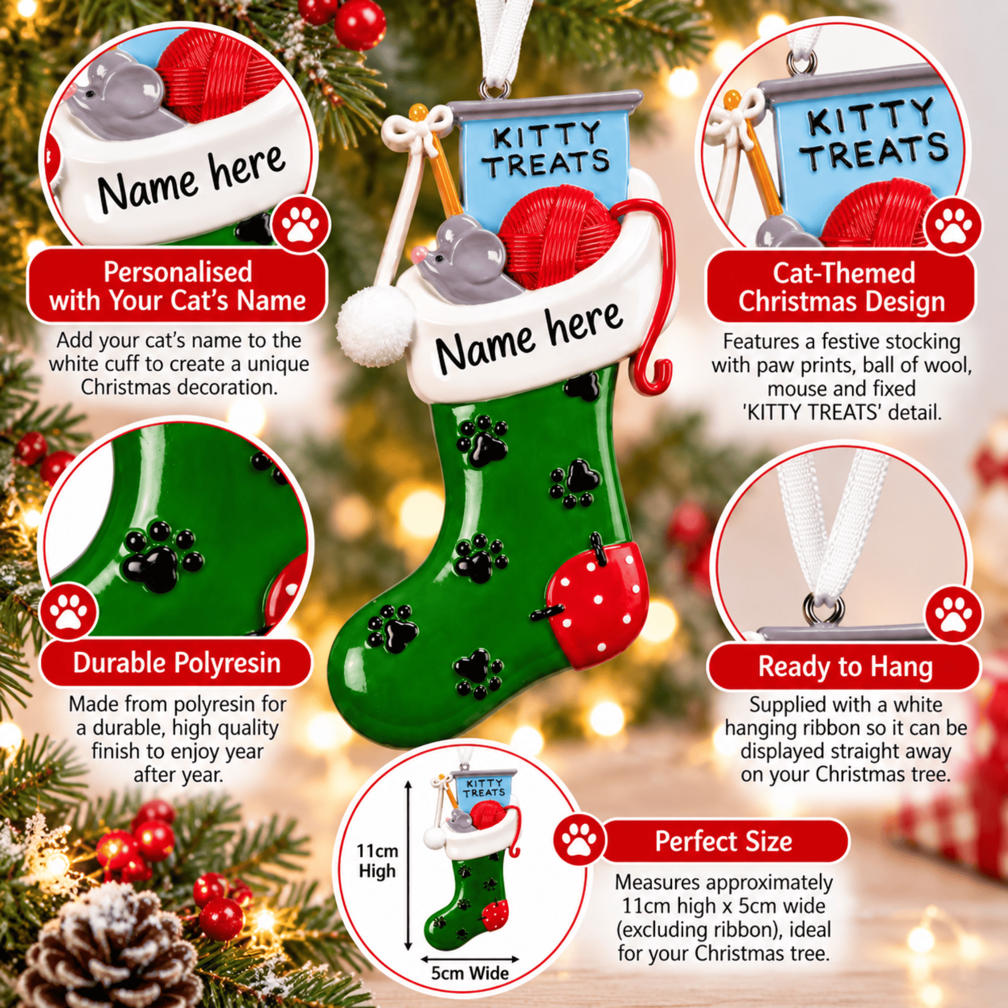 personalised cat stocking christmas tree decoration