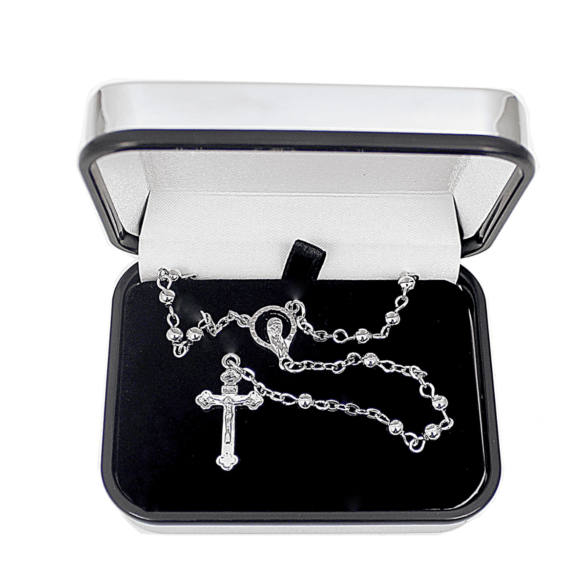catholic rosary beads and trinket box showing the inside of the box with beads in it.