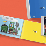 illustrated pages showing the child's name personalised on the transport book