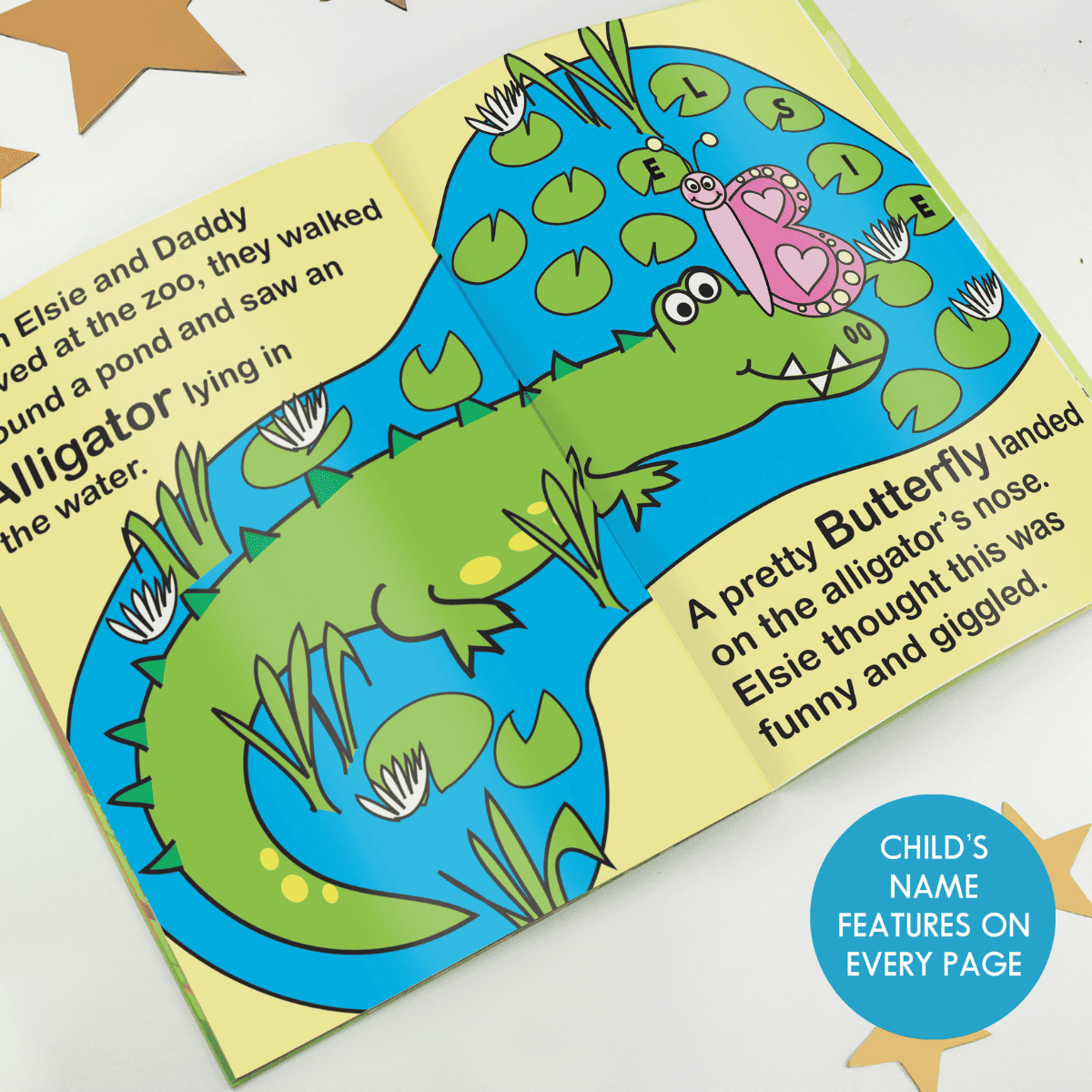 personalised zoo story book inside page showing the child's name personalised on the page.