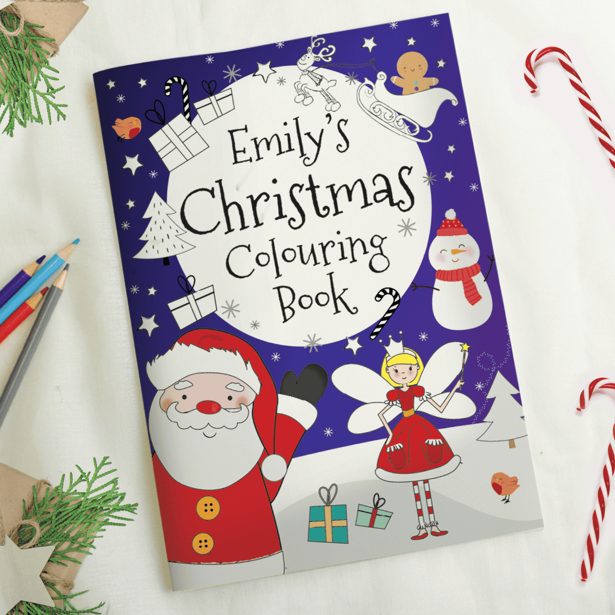 personalised christmas colouring book showing the front cover and the child's name personalised on it