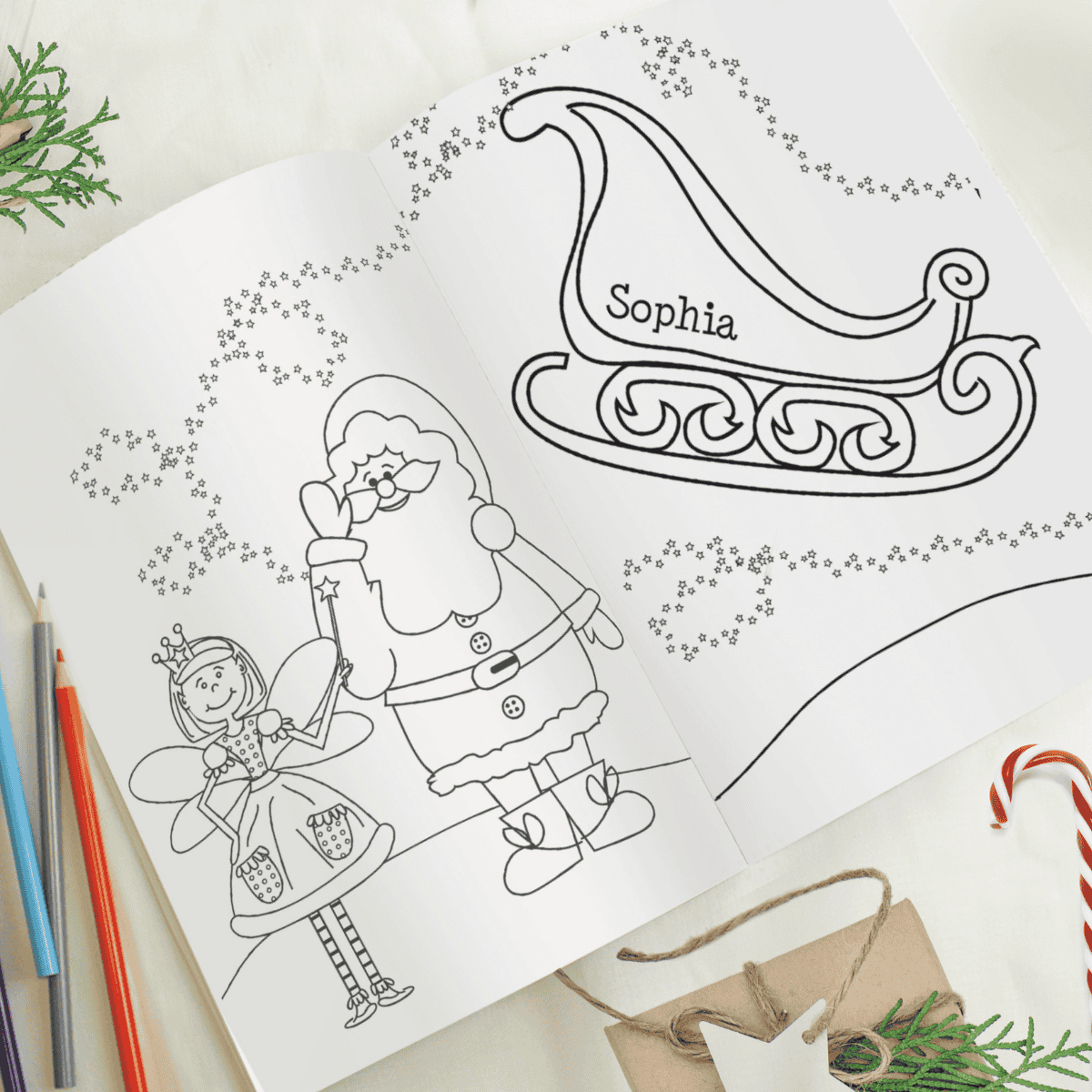 personalised children's colouring book showing the inside of the book personalised with the child's name