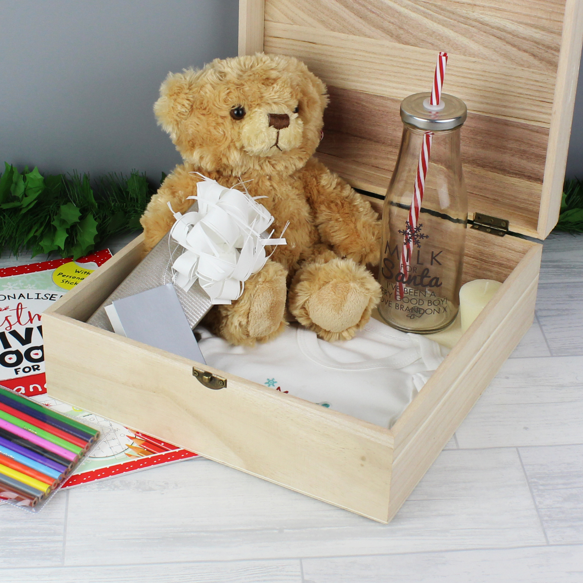 showing the inside of the personalised wooden christmas eve box