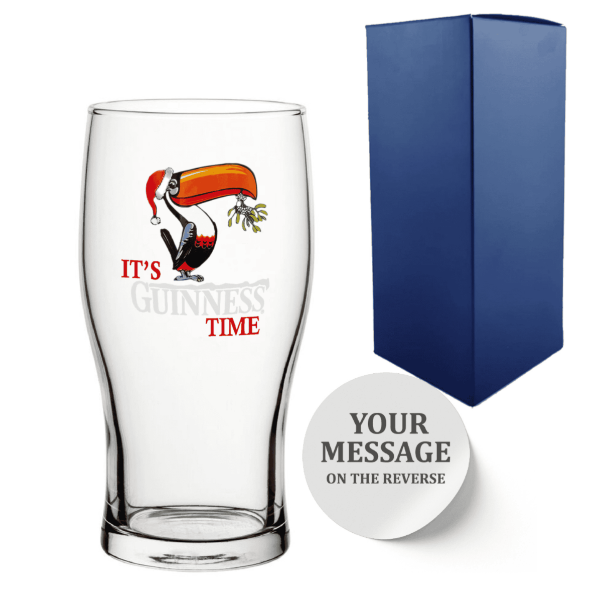 Personalised Guinness Christmas Toucan Pint Glass front view