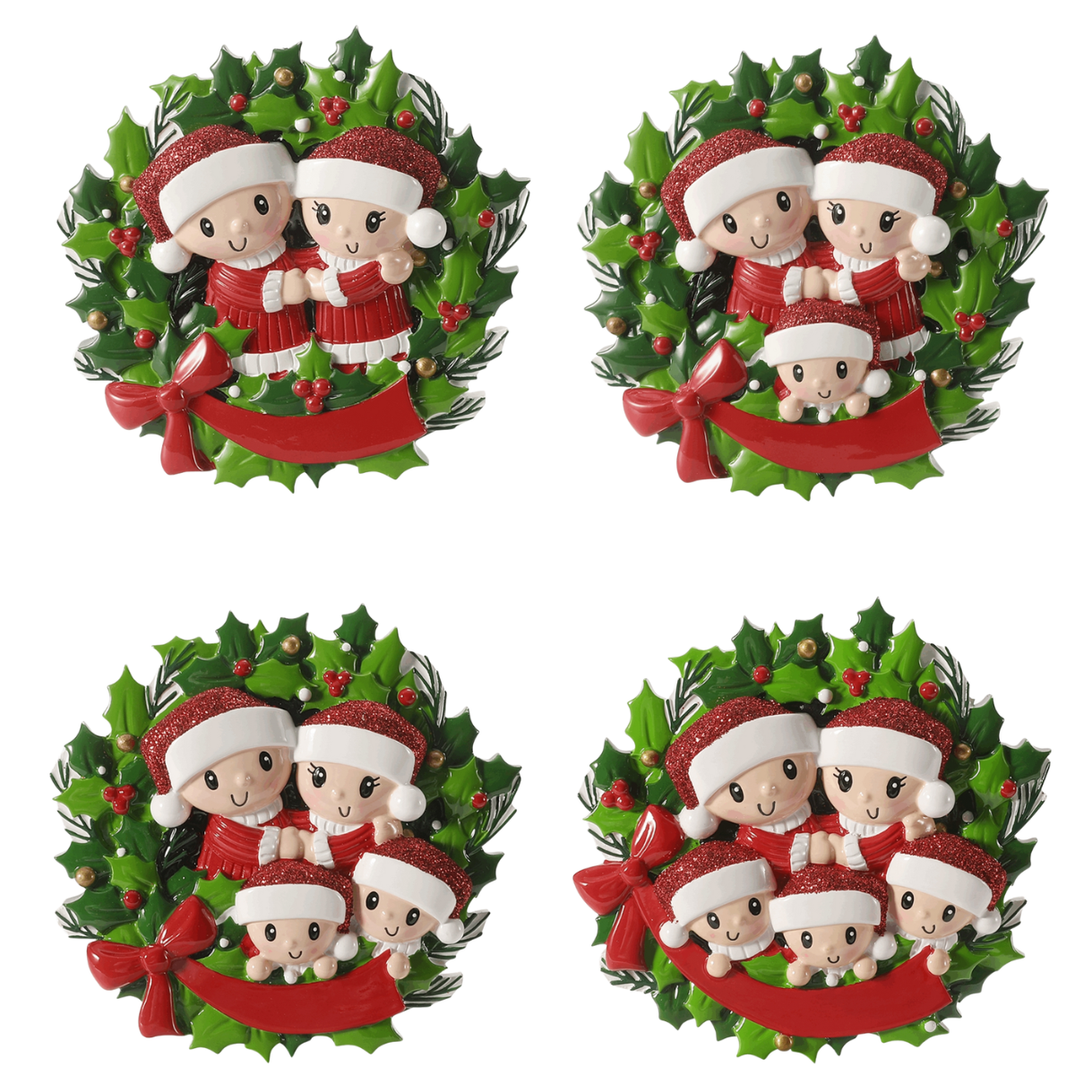 personalised wreath family christmas tree decoration showing the 4 different sizes available