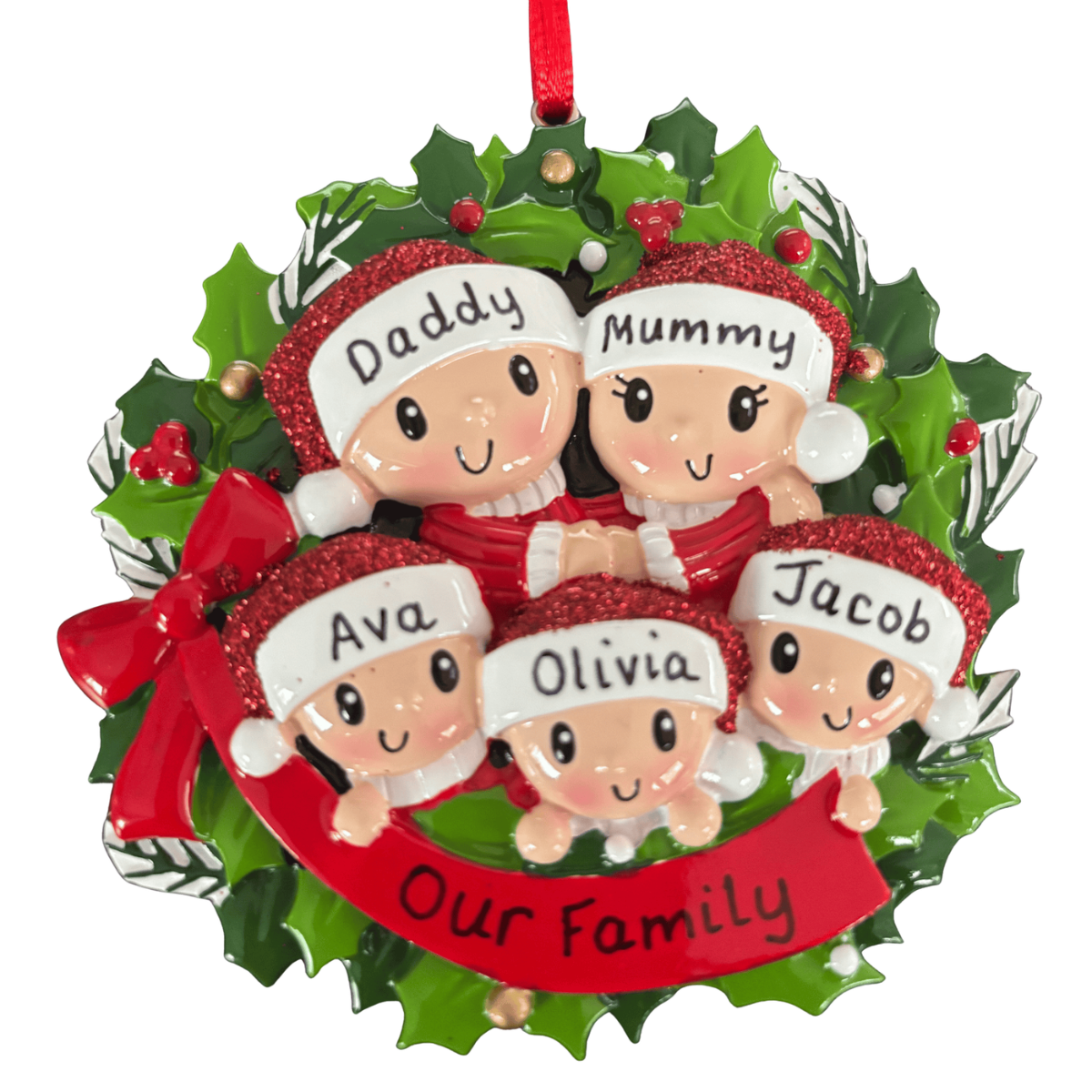 personalised wreath family christmas tree decoration for 5 people