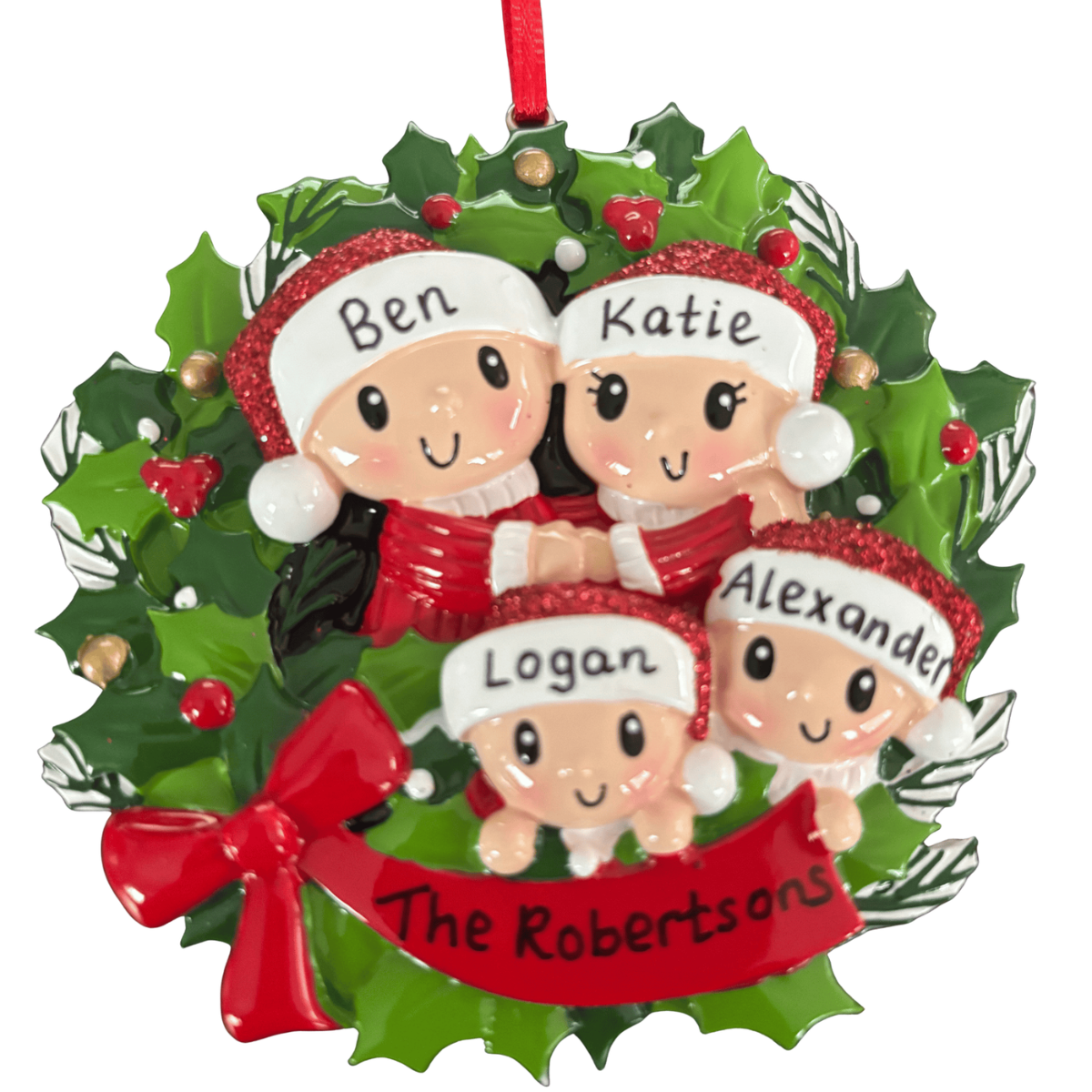 personalised wreath family christmas tree decoration for 4 people