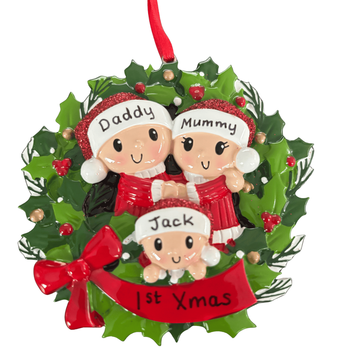 personalised wreath family christmas tree decoration for 3 people