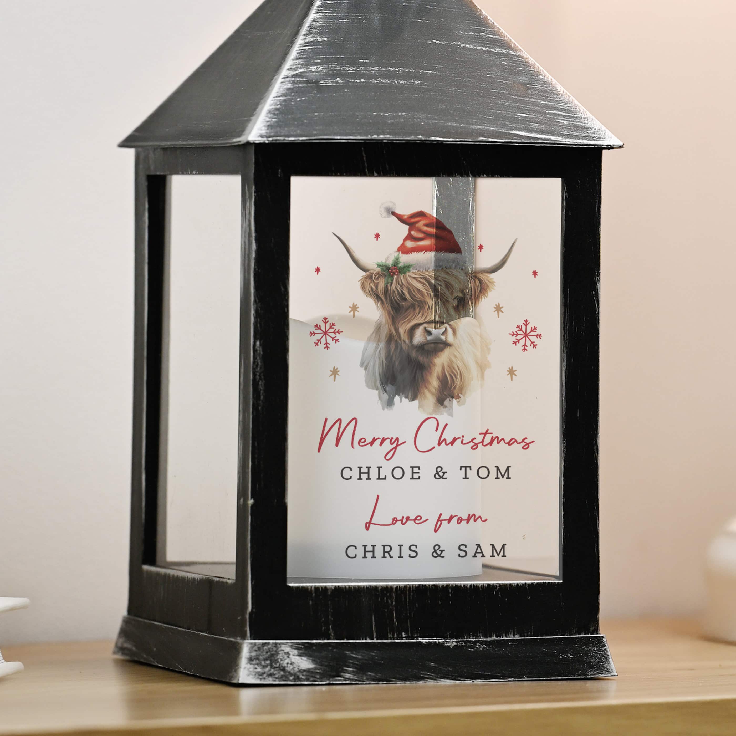 Personalised Highland Cow Christmas LED Lantern
