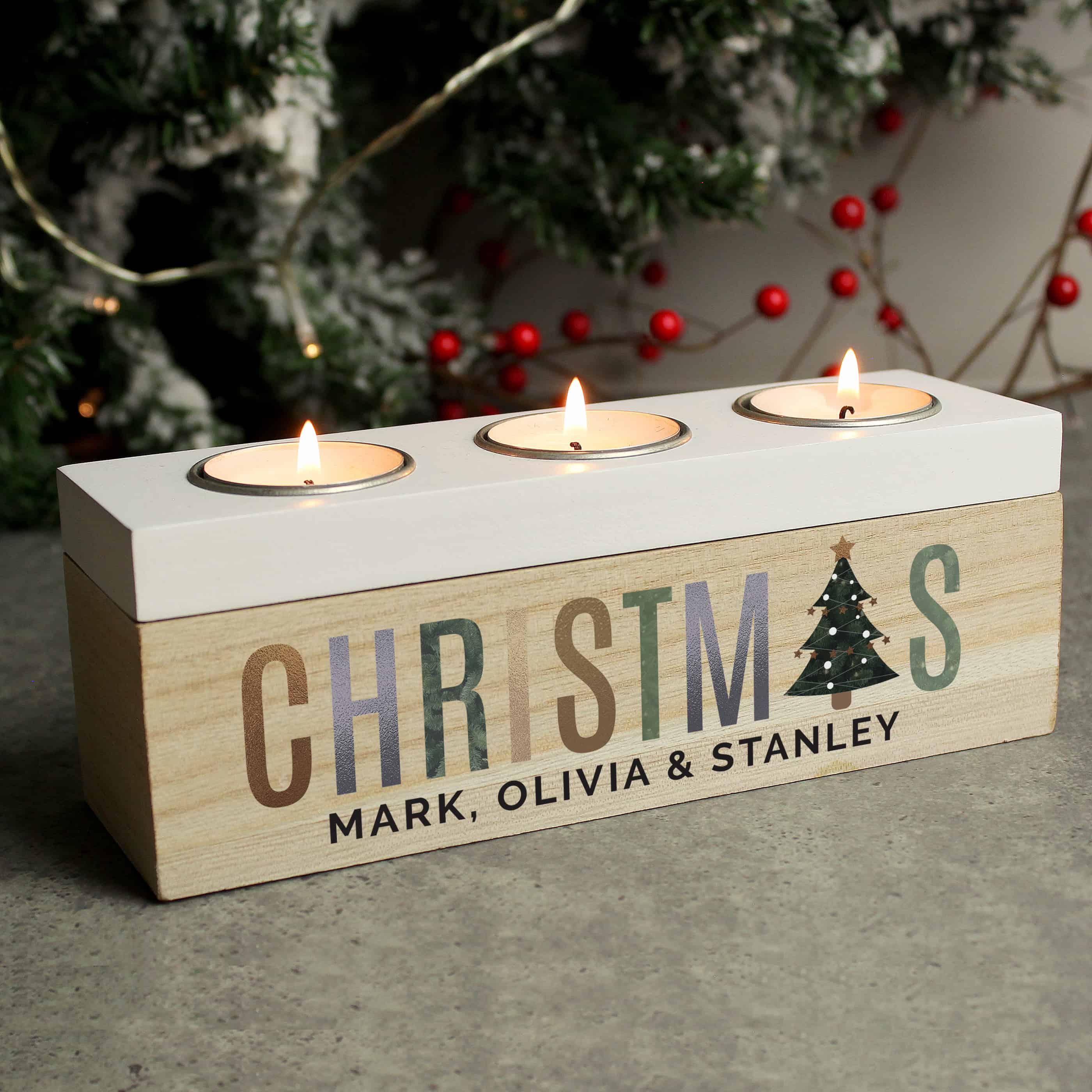 Personalised Christmas Tree Triple Tea Light Holder