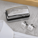 personalised cufflink box with a message over 3 lines and personalised cufflinks. 