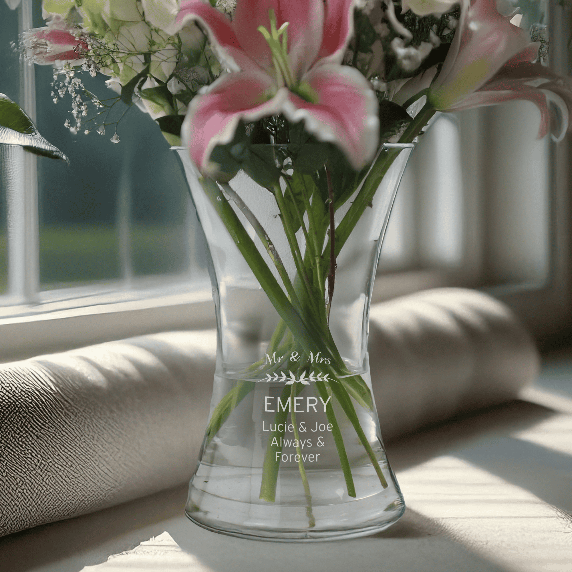 personalised classic glass flowers vase with any message engraved over 5 lines