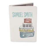 personalised cream passport holder with a suitcase design on the front and any name personalised at the top