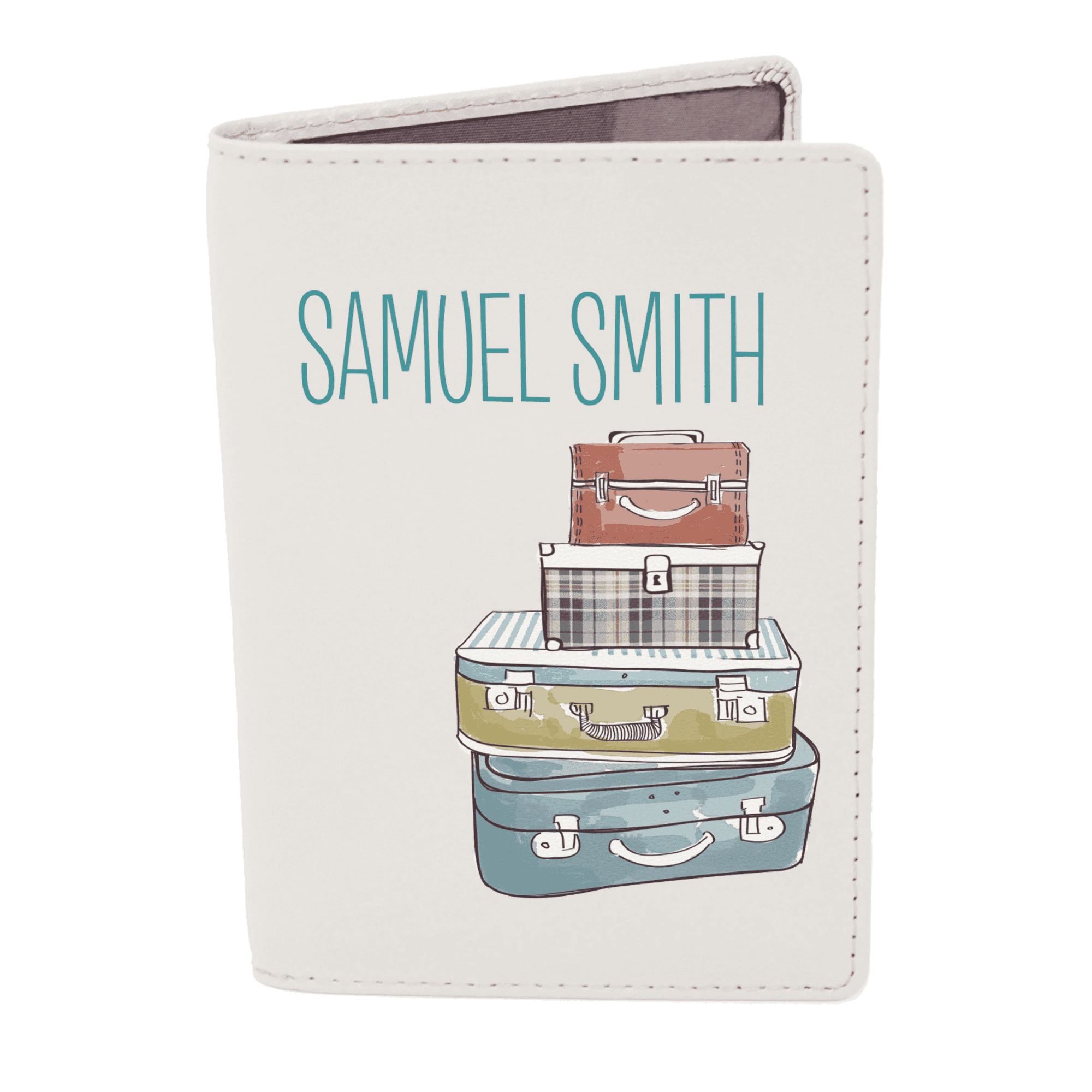personalised cream passport holder with a suitcase design on the front and any name personalised at the top