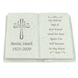 personalised cross memorial stone ornament engraved with a name below the cross on the left side and any message over 7 lines on the right