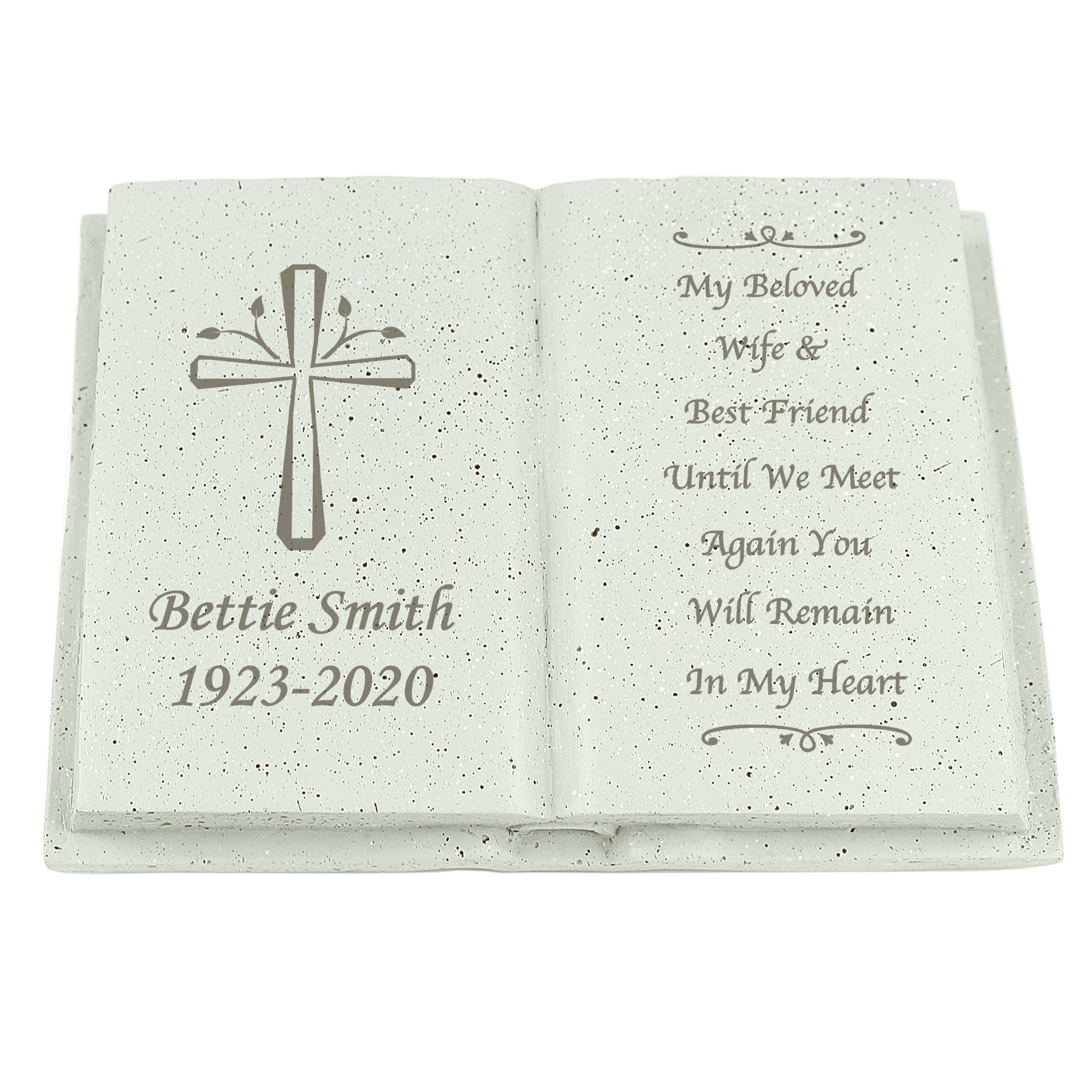 personalised cross memorial stone ornament engraved with a name below the cross on the left side and any message over 7 lines on the right