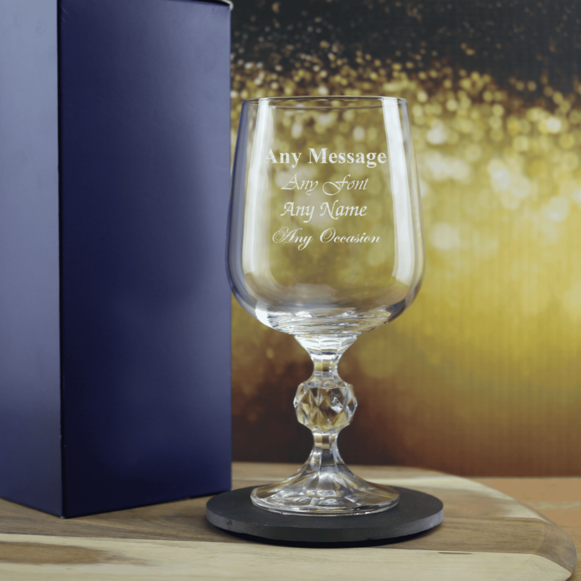 crystal wine glass with any message engraved over 4 lines
