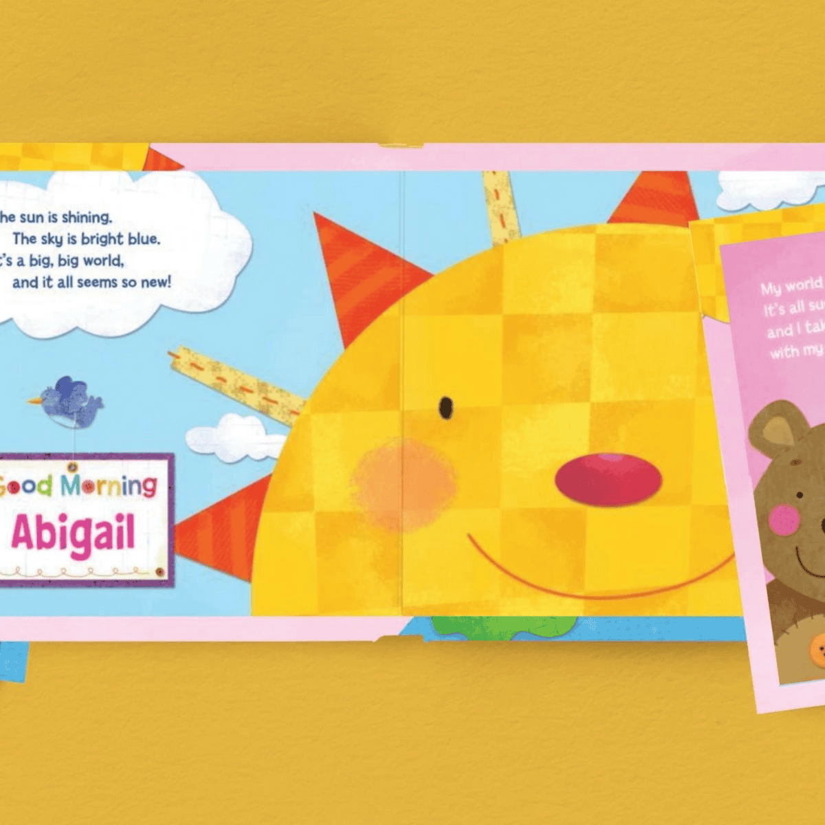 hello world personalised book showing the inside of the book with the child's name personalised on it