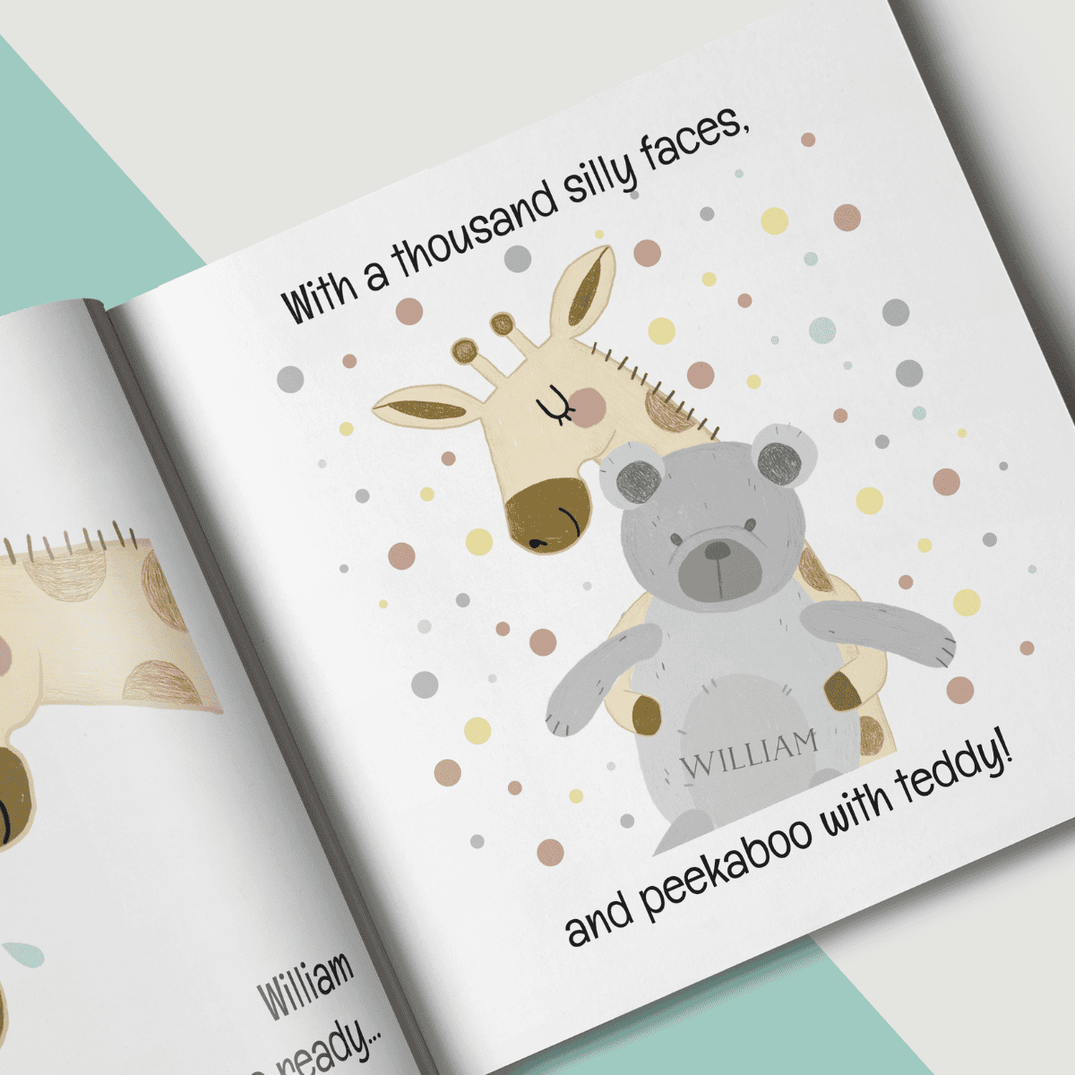 Children's book with illustrations of a giraffe and a teddy bear on a white background. the inside of the personalised big brother story book