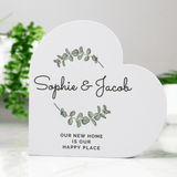 personalised botanical wooden heart personalised with names and a message over 3 lines