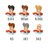 Cartoon characters with different hair colors labeled on a white background