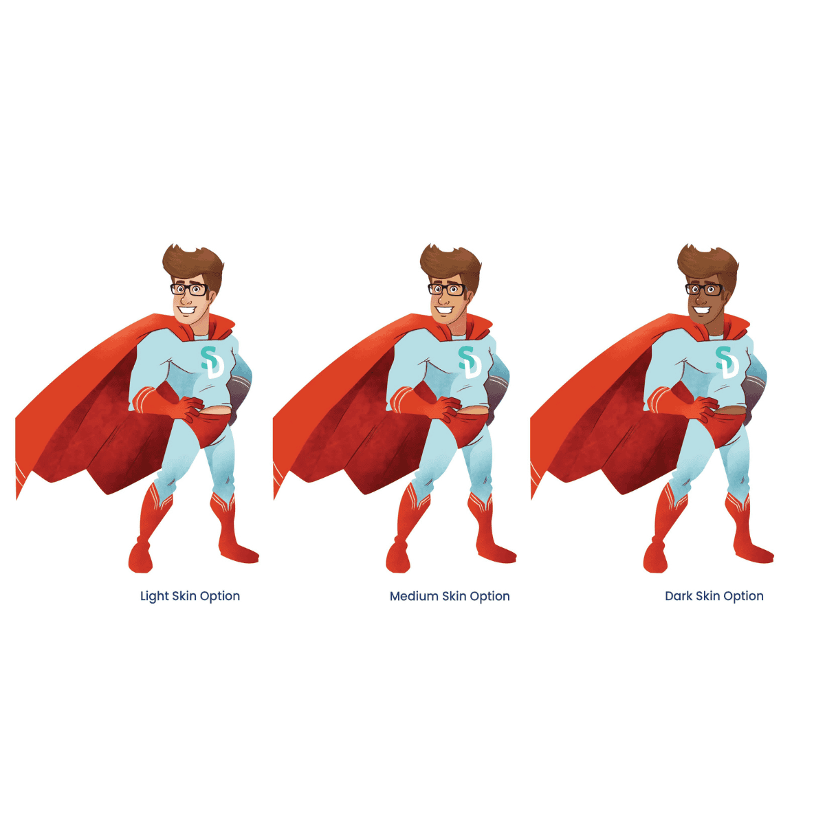 Superhero character with red cape and boots in light, medium, and dark skin options on a white background.