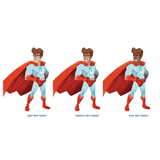 Superhero character with red cape and boots in light, medium, and dark skin options on a white background.