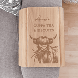 personalised highland cow sofa tray engraved with any message over 3 lines.
