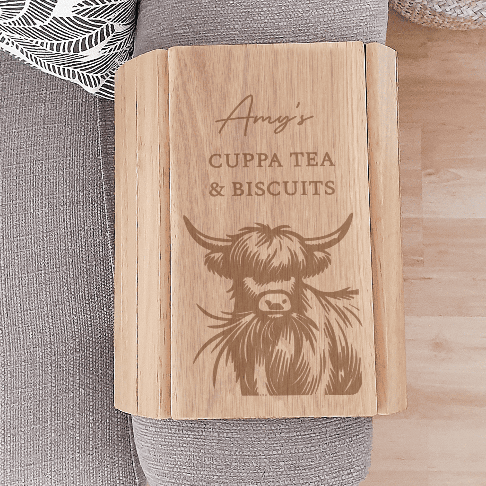 personalised highland cow sofa tray engraved with any message over 3 lines.