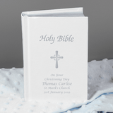 personalised holy bible with a silver cross on the front and 5 lines of personalisation underneath