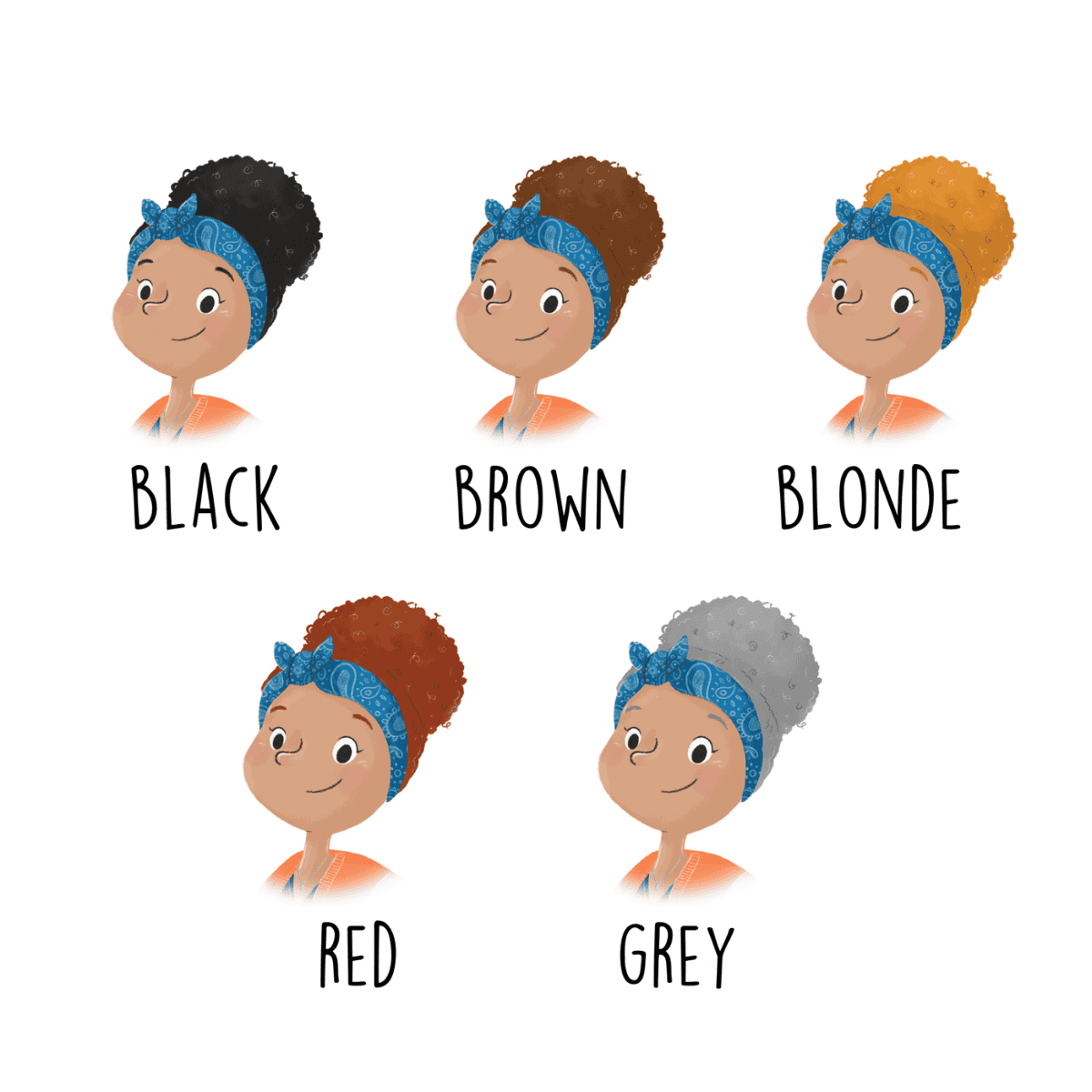illustrations showing 5 different hair colours that you can select from as part of the personalised Super Mum book