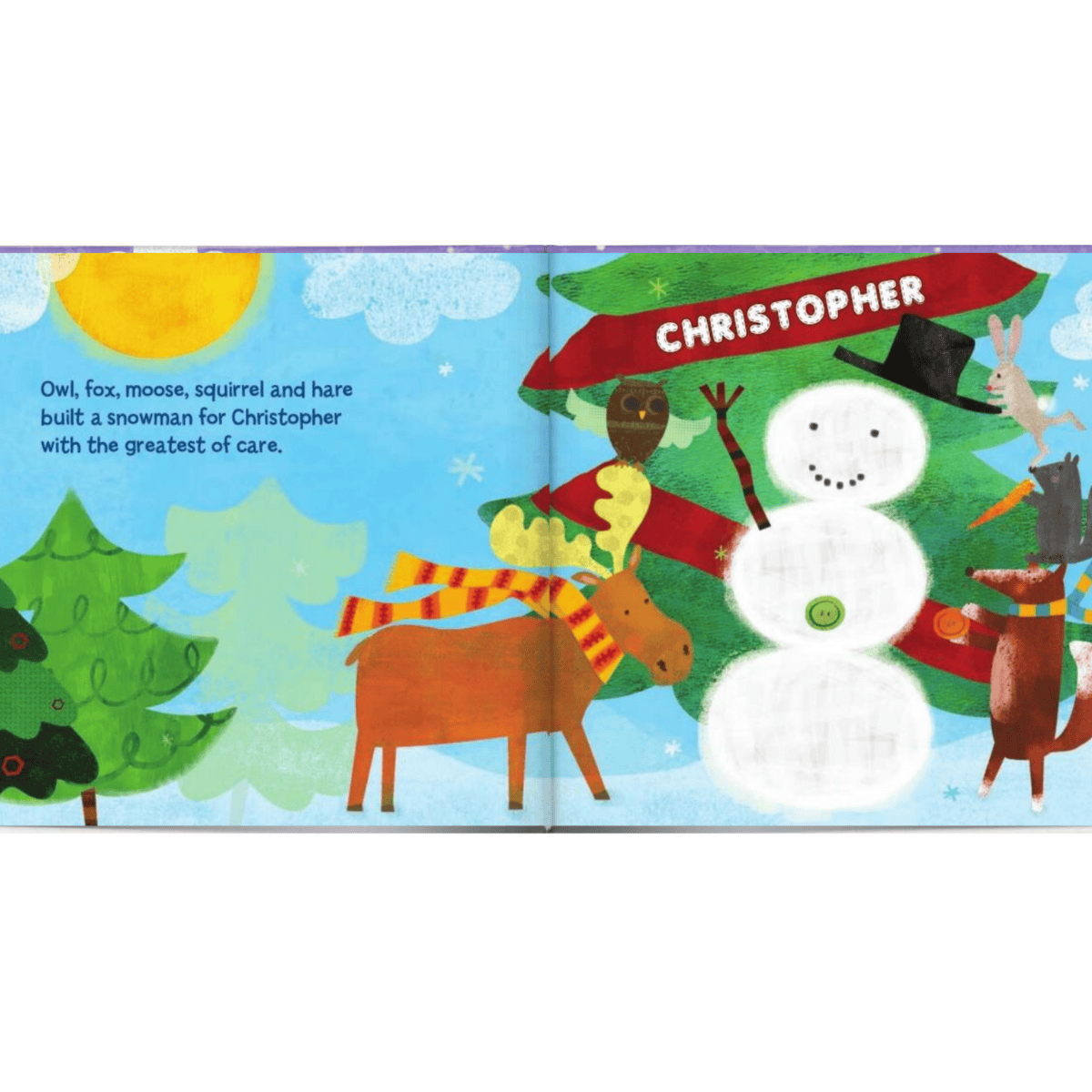 personalised children's book the magical snowman showing an inside page with the child's name personalised on it