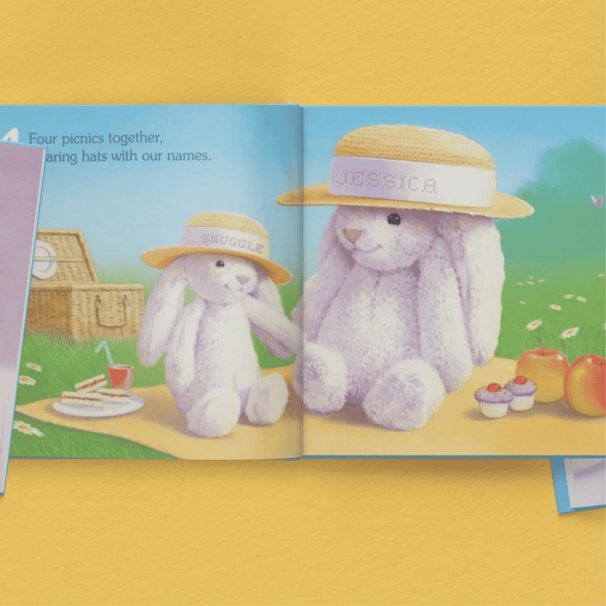 open pages showing the child's name personalised inside the snuggle bunny book