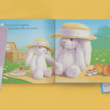 open pages showing the child's name personalised inside the snuggle bunny book