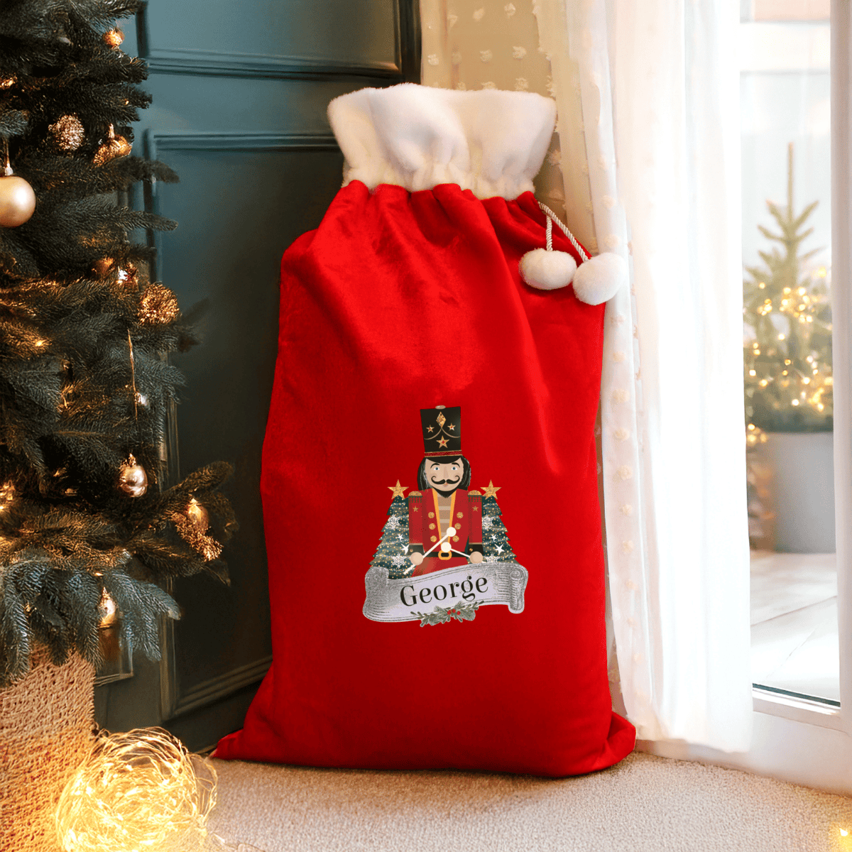 personalised red nutcracker christmas sack