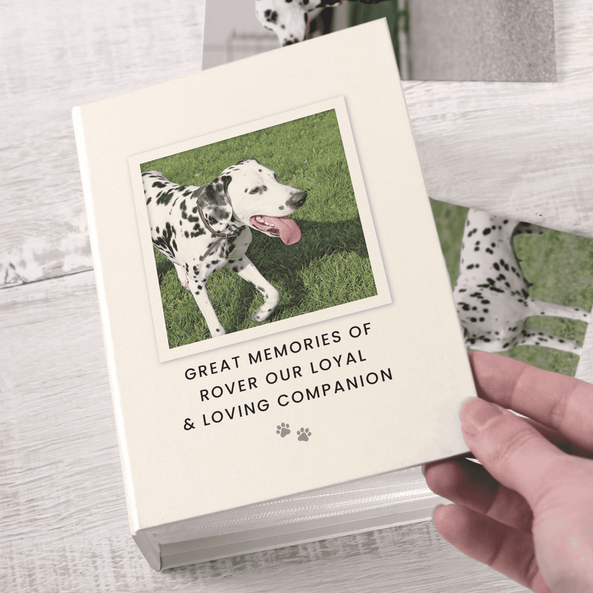 personalised photo upload pet album showing a picture on the front and a message over 3 lines