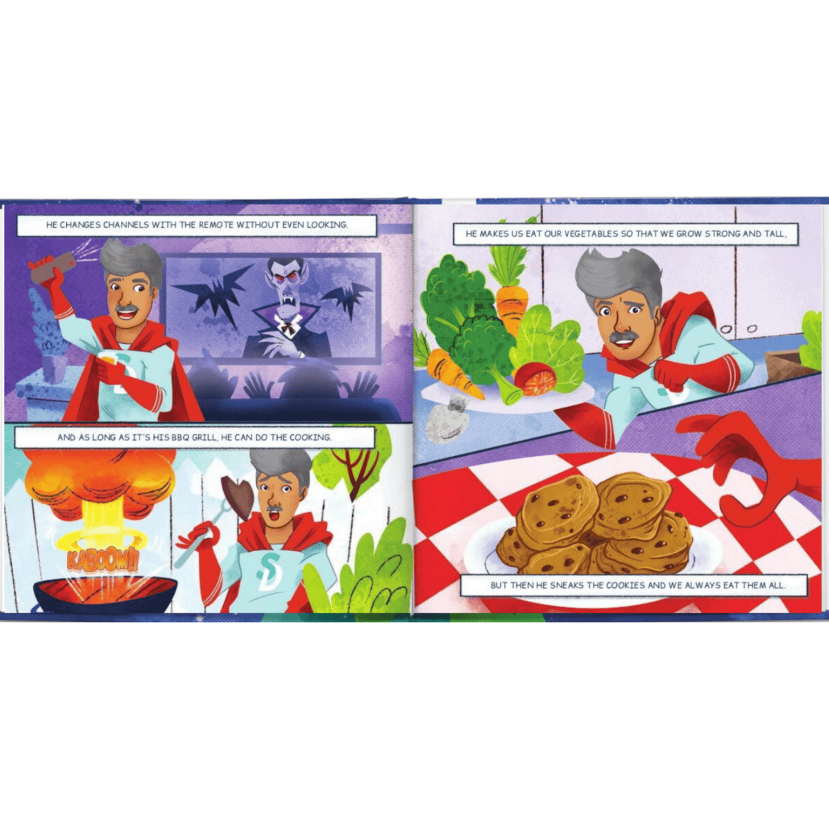 inside pages of the illustrated cartoon book super dad personalised the way you want
