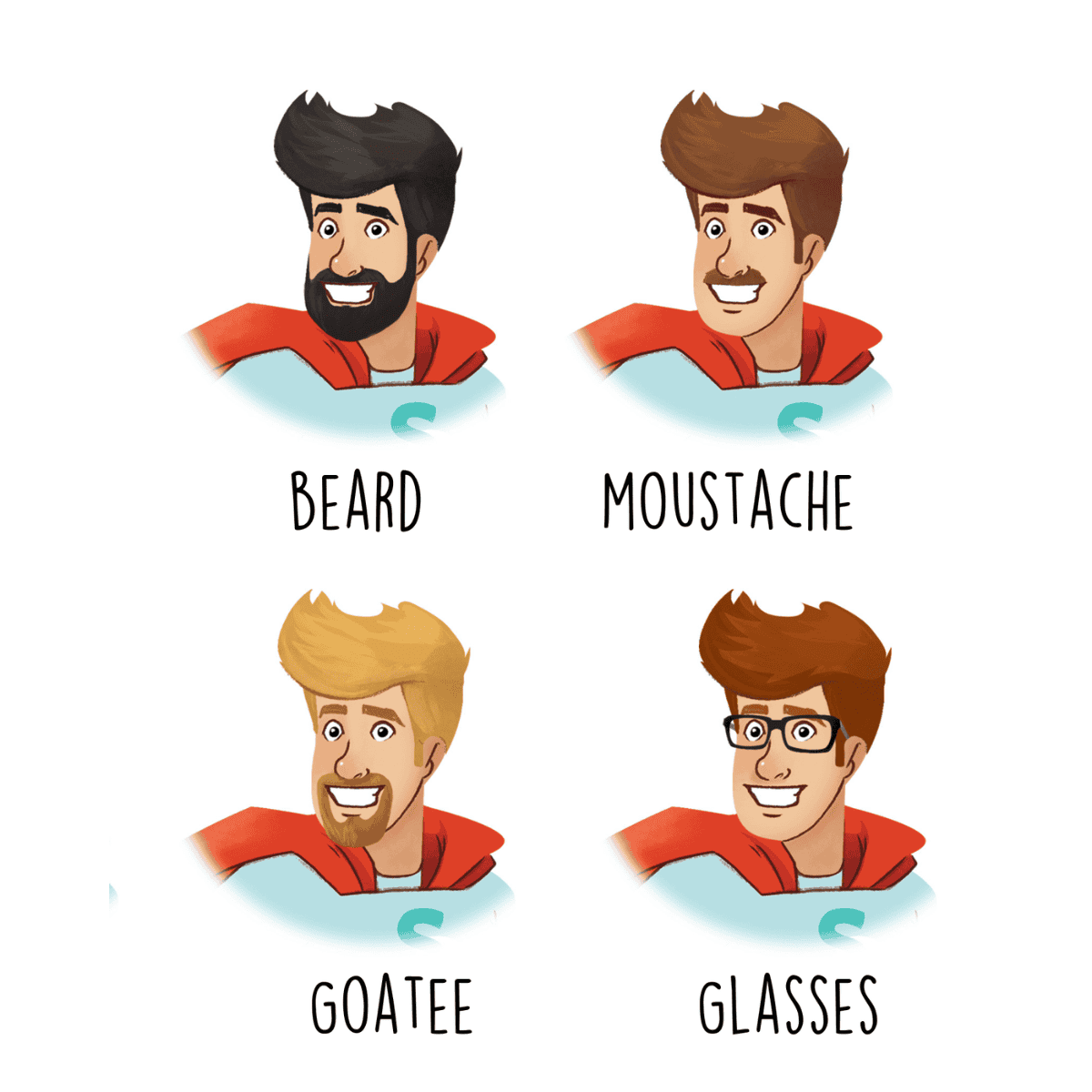 Cartoon characters with different hairstyles and facial hair styles on a white background.